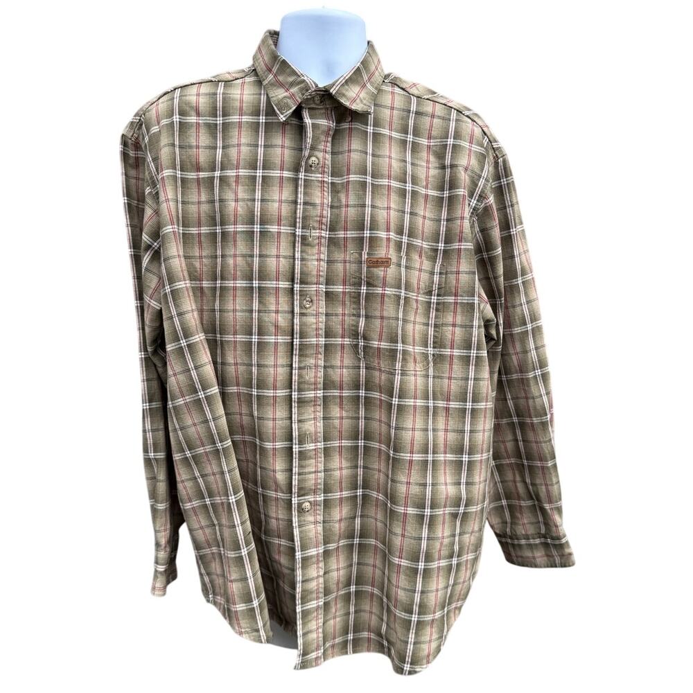Carhartt Men's Plaid Shirt Sz XL Long Sleeve Button Up Tan Work Dress Casual